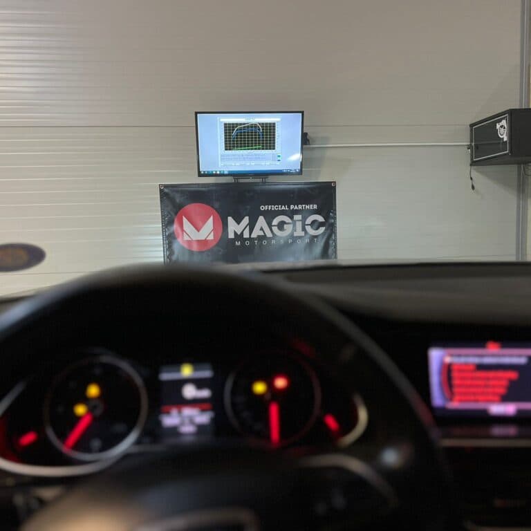 Vedere din interiorul unui Audi aflat pe stand, către monitorul care afișează curba de putere în timp real