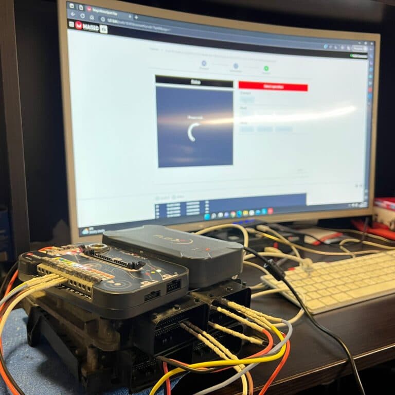 Detaliu al conexiunilor pe bancă între calculatorul BCM Porsche, programatorul FLEX și modulul REDbox
