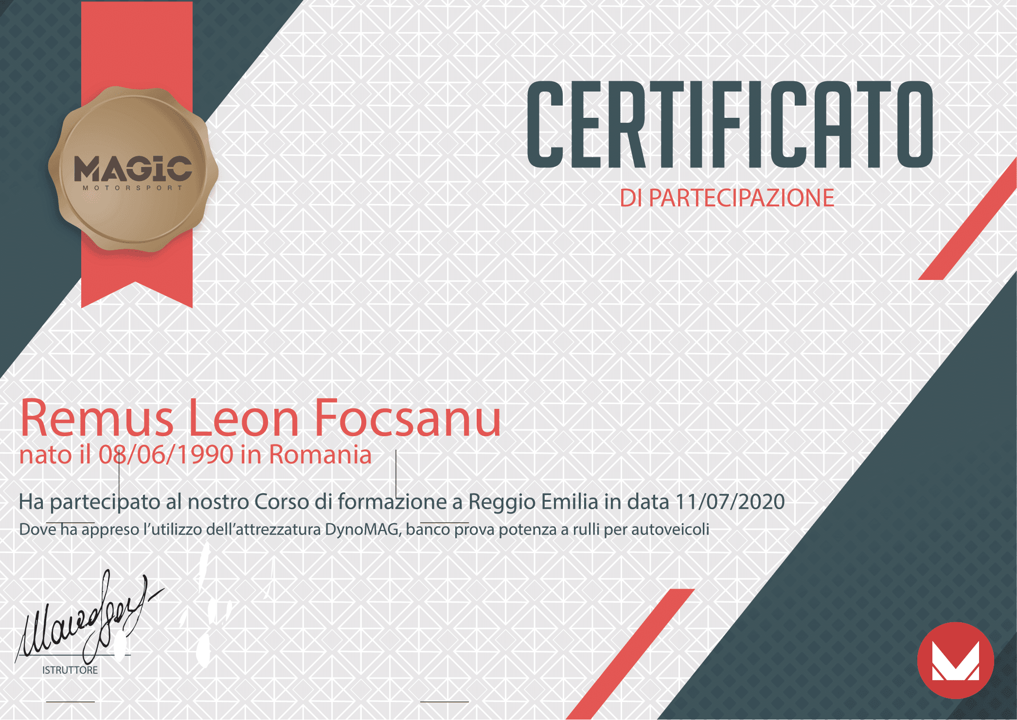 Certificat MagicMotorSport de participare la cursul de utilizare a standului dinamometric DynoMAG